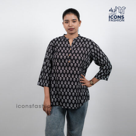 Black-printed-tunic-top-with-mandarin-collar-and-three-quarter-sleeves