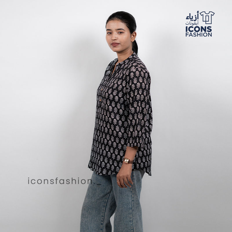 Black-printed-tunic-top-with-mandarin-collar-and-three-quarter-sleeves