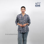 Grey-floral-printed-tunic-top-with-mandarin-collar-and-three-quarter-sleeves