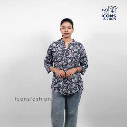 Grey-floral-printed-tunic-top-with-mandarin-collar-and-three-quarter-sleeves