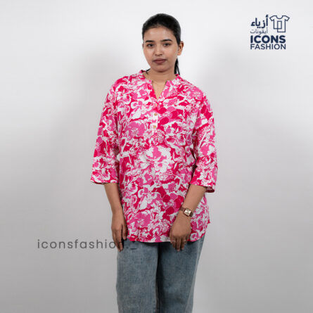 Pink-floral-printed-tunic-top-with-mandarin-collar-and-three-quarter-sleeves