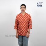 Women-red-printed-tunic-top-three-quarter-sleeves-mandarin-neckline
