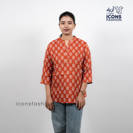 Women-red-printed-tunic-top-three-quarter-sleeves-mandarin-neckline