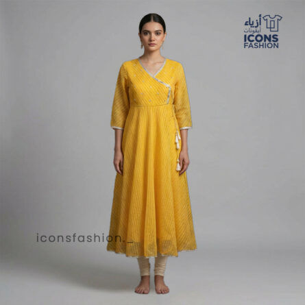 Women-yellow-Anarkali-kurta-with-V-neck-wrap-style-and-3/4-sleeves