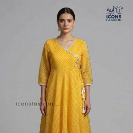 Women-yellow-Anarkali-kurta-with-V-neck-wrap-style-and-3/4-sleeves