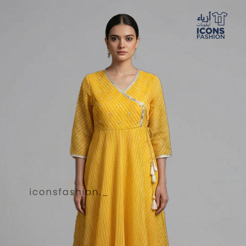 Women-yellow-Anarkali-kurta-with-V-neck-wrap-style-and-3/4-sleeves