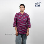 Women-maroon-floral-printed-tunic-top-with-band-collar-and-three-quarter-sleeves