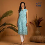 Women-light-blue-floral-printed-sleeveless-straight-kurta-with-mandarin-collar-and-knee-length-design