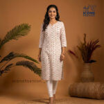 Women-off-white-printed-straight-kurta-with-round-neck-notch-and-three-quarter-sleeves