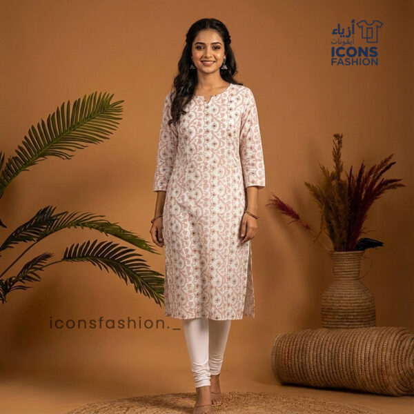 Women-off-white-printed-straight-kurta-with-round-neck-notch-and-three-quarter-sleeves