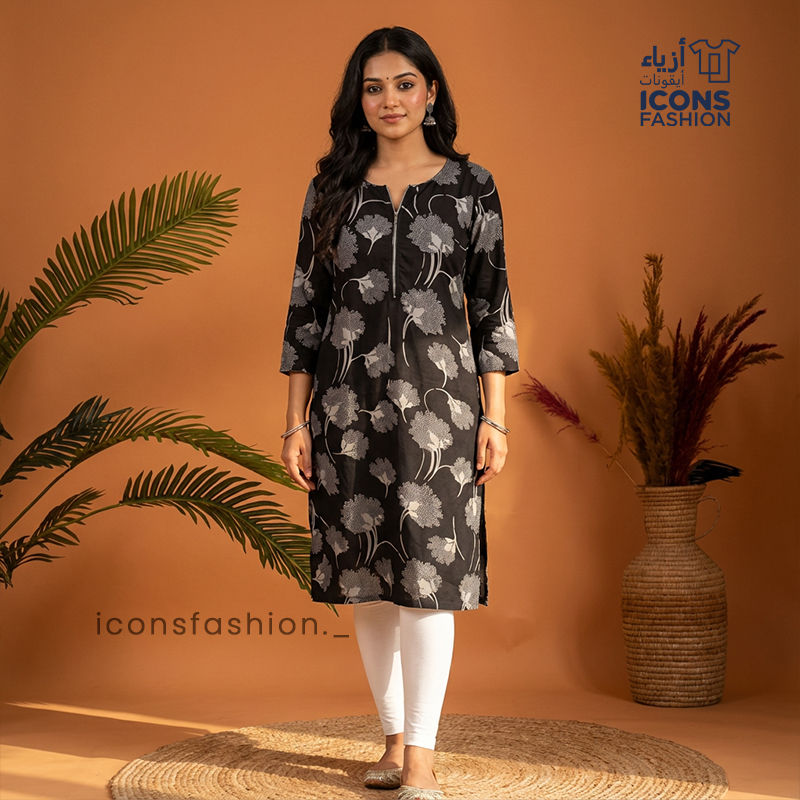 Women-black-printed-straight-kurta-with-round-neck-notch-and-three-quarter-sleeves