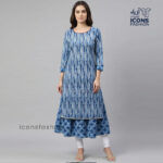 Blue-handblock-printed-cotton-kurta-dress-with-detachable-flared-hem-panel-round-neck-three-quarter-sleeves