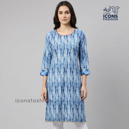 Blue-handblock-printed-cotton-kurta-dress-with-detachable-flared-hem-panel-round-neck-three-quarter-sleeves