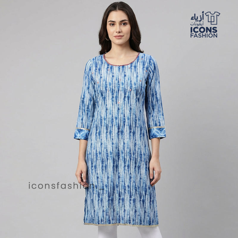 Blue-handblock-printed-cotton-kurta-dress-with-detachable-flared-hem-panel-round-neck-three-quarter-sleeves