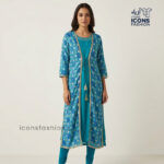 Teal-blue-layered-kurta-dress-with-floral-print-and-tie-up-waist