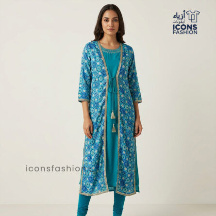Teal-blue-layered-kurta-dress-with-floral-print-and-tie-up-waist
