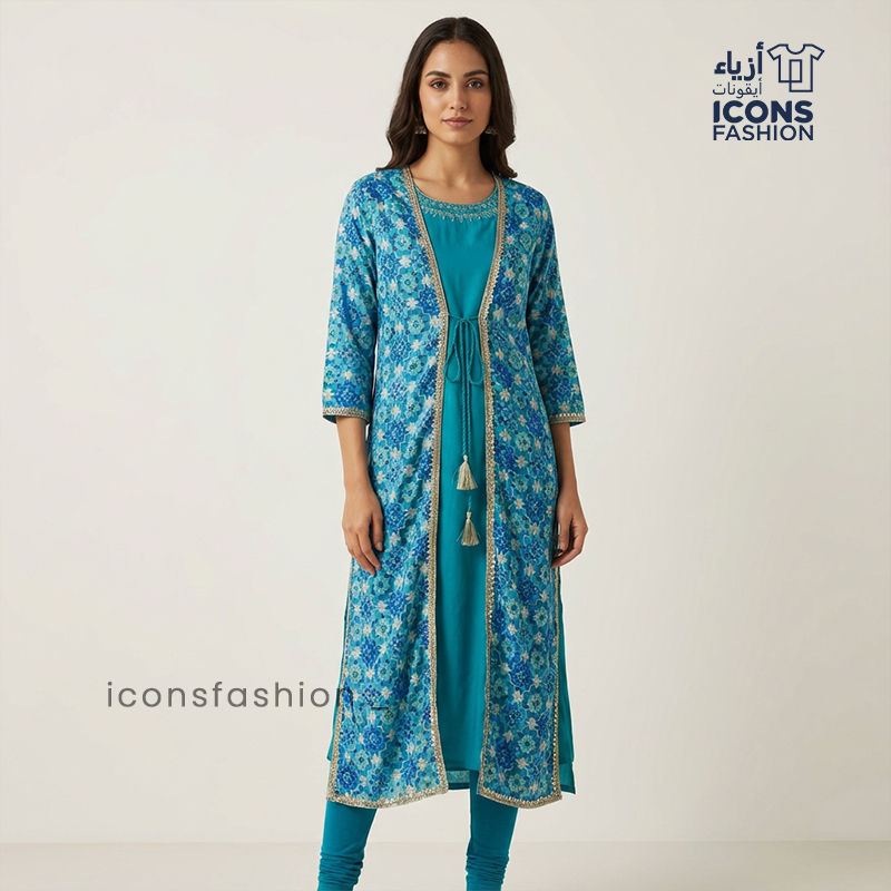 Teal-blue-layered-kurta-dress-with-floral-print-and-tie-up-waist