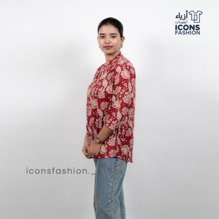 Red-floral-printed-womens-tunic-top-with-mandarin-collar-and-three-quarter-sleeves