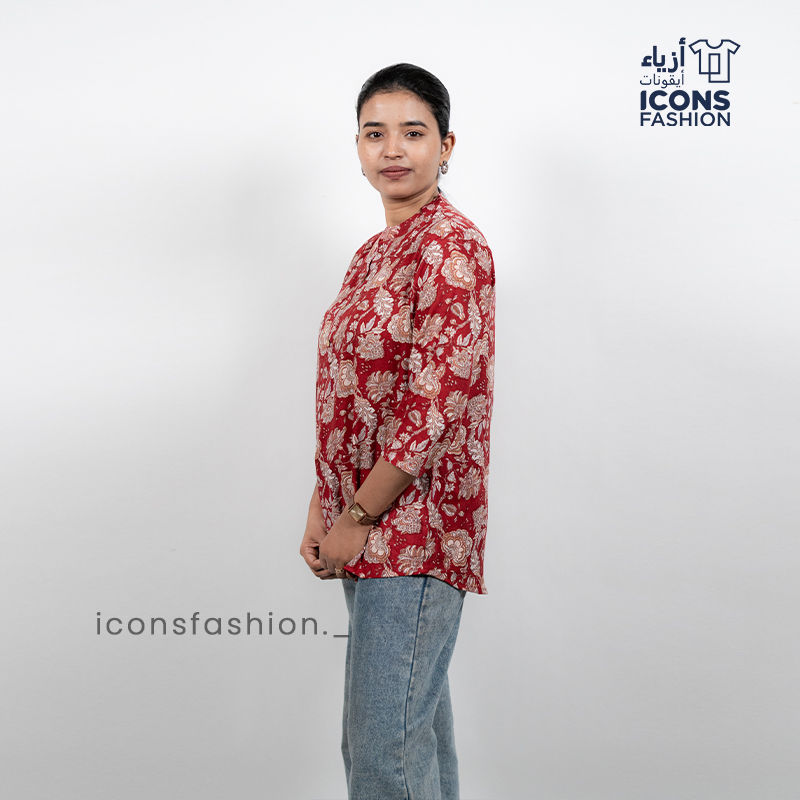 Red-floral-printed-womens-tunic-top-with-mandarin-collar-and-three-quarter-sleeves