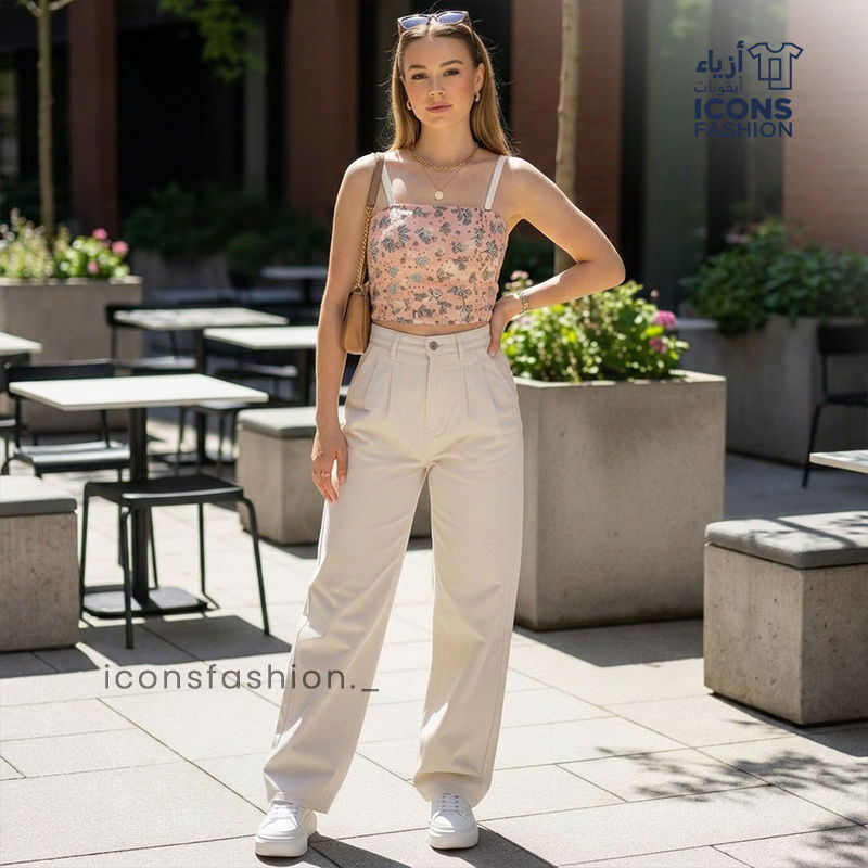 Woman-wearing-peach-floral-square-neck-crop-top-with-spaghetti-straps
