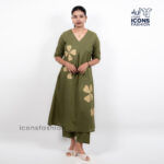 Women-olive-green-printed-kurta-co-ord-set-with-v-neck-and-straight-pants