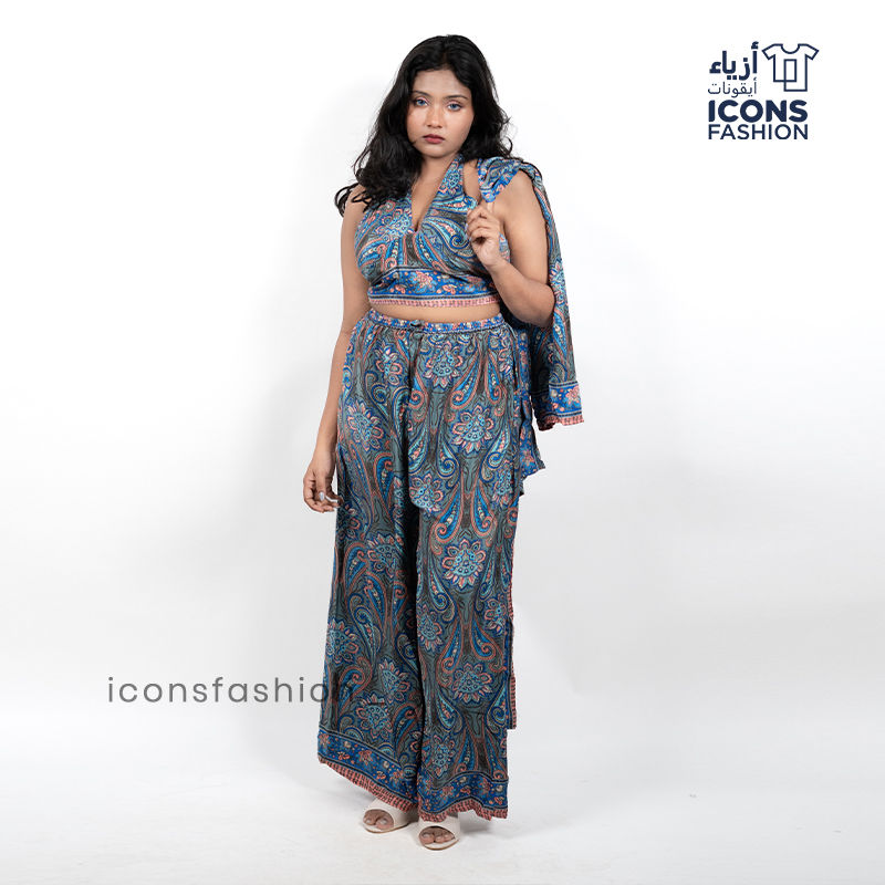 Women-blue-paisley-printed-dress-style-co-ord-set-with-crop-top-and-palazzo-pants-shrug