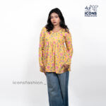 Woman-yellow-floral-printed-kurta-with-v-neck-long-sleeves-and-flared-a-line-silhouette
