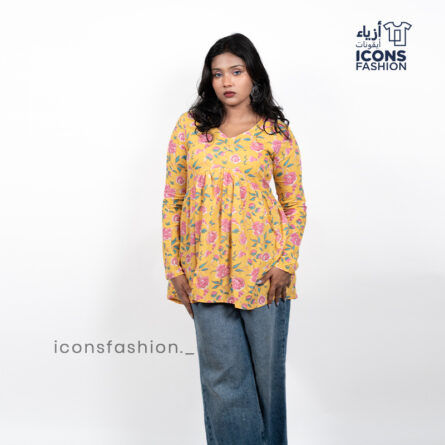 Woman-yellow-floral-printed-kurta-with-v-neck-long-sleeves-and-flared-a-line-silhouette