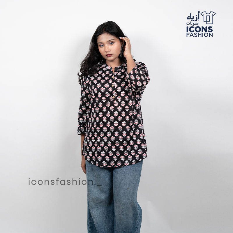 Women-black-floral-printed-tunic-style-top-with-mandarin-collar