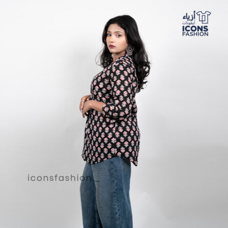 Women-black-floral-printed-tunic-style-top-with-mandarin-collar