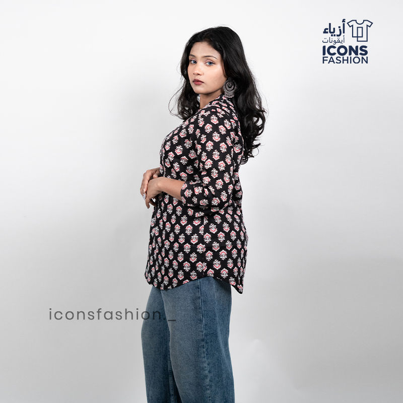 Women-black-floral-printed-tunic-style-top-with-mandarin-collar
