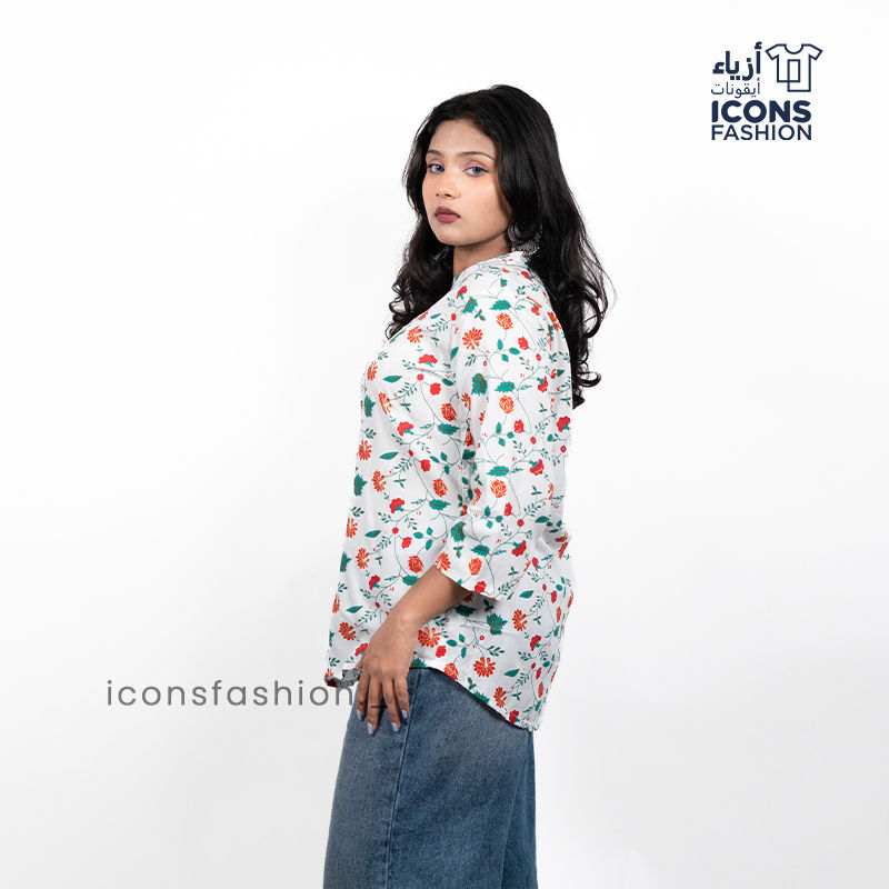 Women-white-floral-printed-tunic-top-with-mandarin-collar