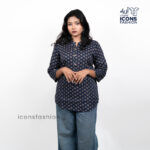 Navy-blue-printed-tunic-top-with-three-quarter-sleeves-and-round-notched-neckline
