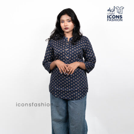 Navy-blue-printed-tunic-top-with-three-quarter-sleeves-and-round-notched-neckline