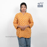 Mustard-yellow-printed-tunic-top-with-three-quarter-sleeves-and-notched-neckline