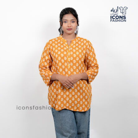 Mustard-yellow-printed-tunic-top-with-three-quarter-sleeves-and-notched-neckline