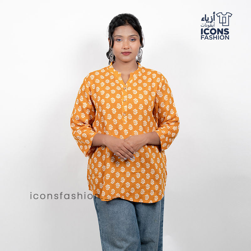 Mustard-yellow-printed-tunic-top-with-three-quarter-sleeves-and-notched-neckline