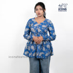 Blue-paisley-printed-women’s-kurta-top-with-v-neck-and-long-sleeves