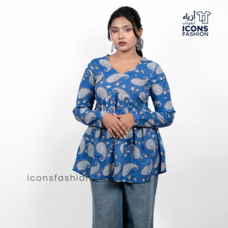 Blue-paisley-printed-women’s-kurta-top-with-v-neck-and-long-sleeves