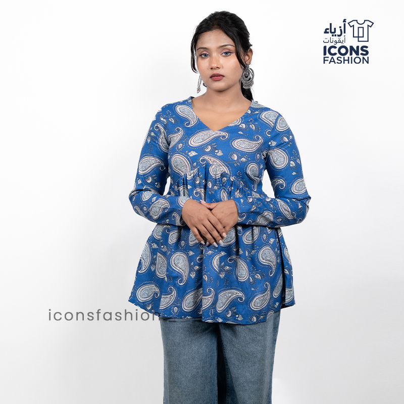 Blue-paisley-printed-women’s-kurta-top-with-v-neck-and-long-sleeves