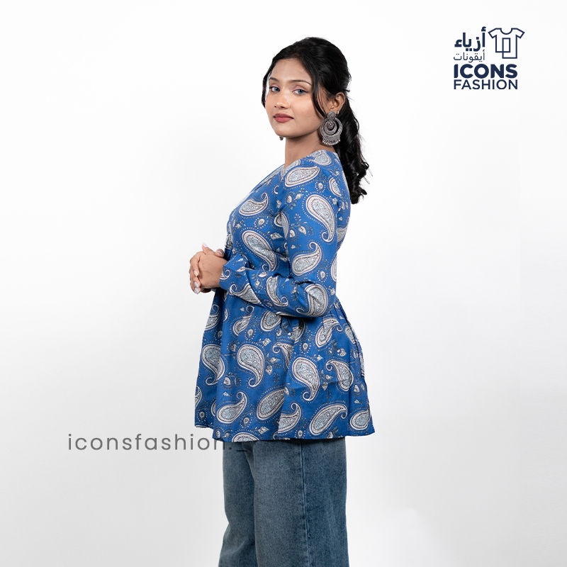 Blue-paisley-printed-women’s-kurta-top-with-v-neck-and-long-sleeves