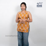 Mustard-yellow-floral-printed-women’s-halter-neck-kurta-top-with-tie-back-lace-up-detail