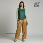 Women-green-sleeveless-embellished-top-with-gold-detailed-round-neckline