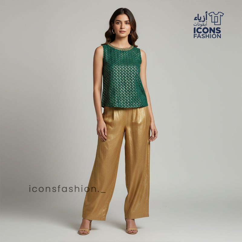Women-green-sleeveless-embellished-top-with-gold-detailed-round-neckline
