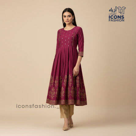 Woman-maroon-flared-anarkali-kurta-with-round-neck-three-quarter-sleeves-gold-printed-yoke-and-hem