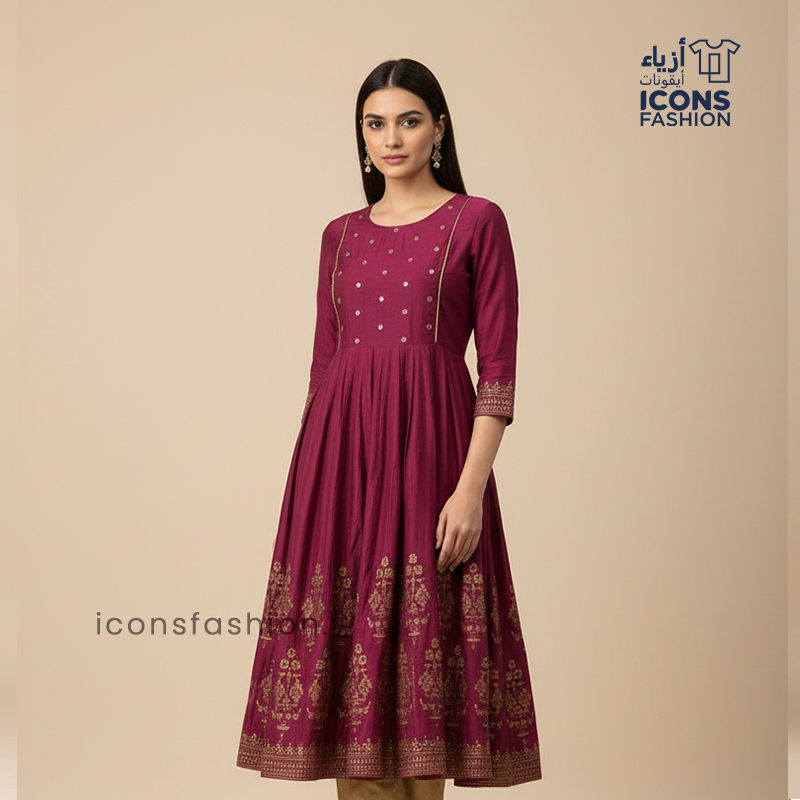 Woman-maroon-flared-anarkali-kurta-with-round-neck-three-quarter-sleeves-gold-printed-yoke-and-hem