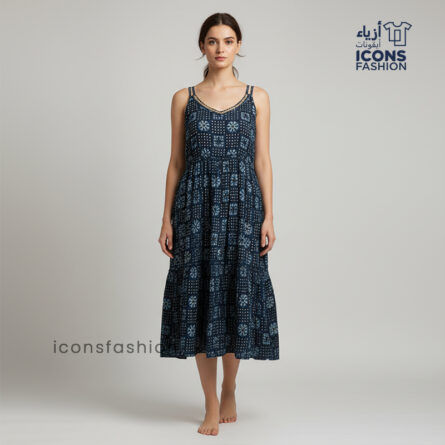Woman-navy-blue-printed-sleeveless-fit-and-flare-midi-dress-with-scoop-neck-and-flared-hem