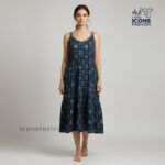Woman-navy-blue-printed-sleeveless-fit-and-flare-midi-dress-with-scoop-neck-and-flared-hem