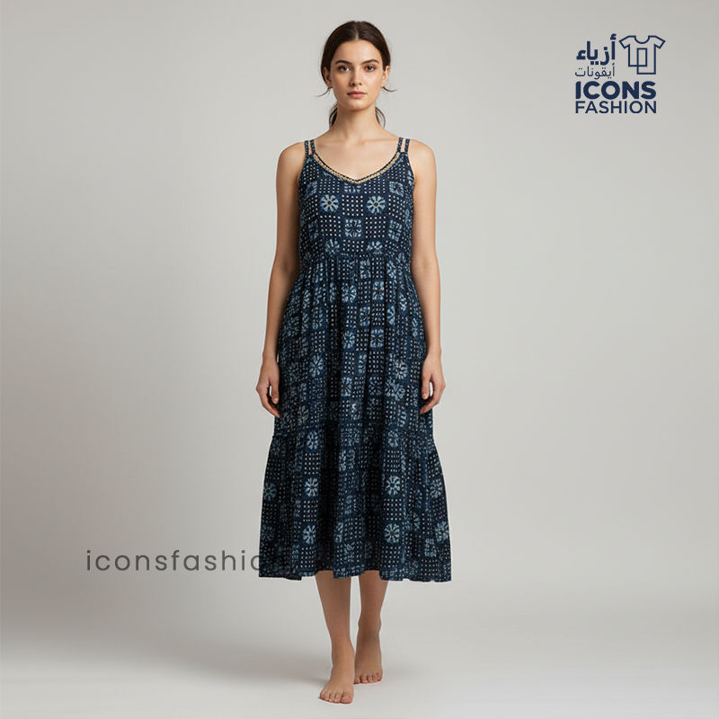 Woman-navy-blue-printed-sleeveless-fit-and-flare-midi-dress-with-scoop-neck-and-flared-hem