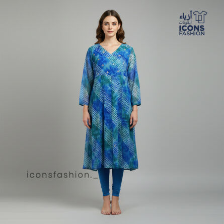 Woman-blue-printed-a-line-kurta-with-v-neck-and-three-quarter-sleeves